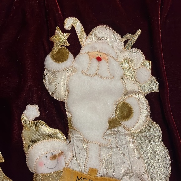 Dark red Velvet tree skirt Santa Claus snowman gold stars 41” diameter - Picture 5 of 15